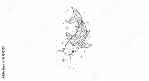 Elegant Koi Fish Tattoo Design, Celestial Stars and Sparkles, Black and White Line Art