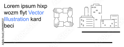 Teamwork, community support, urbanization, architecture, connection, cooperation. Four hands forming a square next to a cityscape. Teamwork and community support concepts