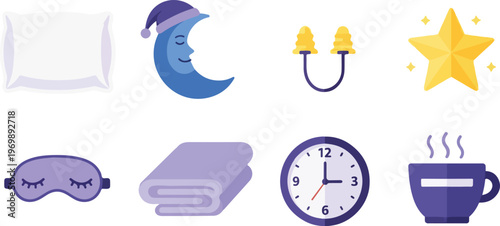 Good night sleep essentials vector illustration set: pillow, crescent moon, earplugs, star, sleep mask, blanket, clock, hot drink.