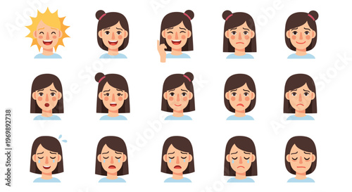 Diverse set of female character facial expressions showing various emotions like happy, sad, angry, surprised, and crying.