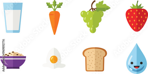 Healthy breakfast food items vector illustration set: glass milk, carrot, grapes, strawberry, cereal bowl, fried egg, slice bread, water drop.