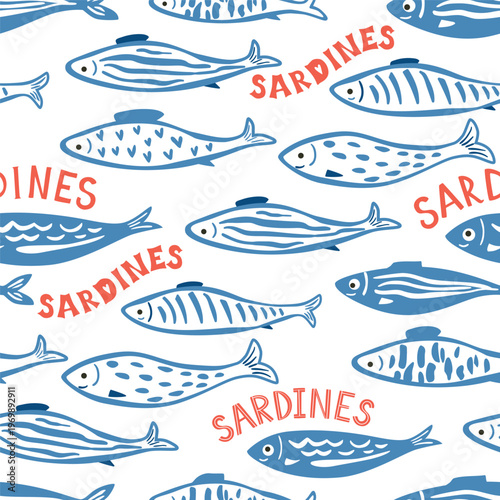 Blue sardine fish and text seamless pattern. Hand drawn cute Mediterranean seafood wallpaper, funny mackerel, anchovy print, repeat background. Vector textile design, wrapping paper, fabric.