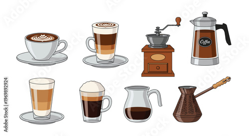 Assortment of coffee-related items including various styles of coffee cups, a manual grinder, and a french press pot.