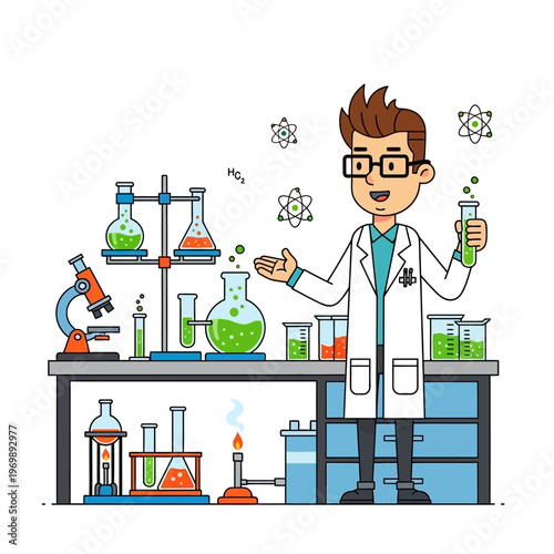 Scientist Conducting Experiment in Laboratory with Green Liquids and Scientific Equipment