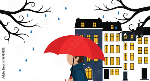 Man with red umbrella walking past city buildings in rain under dark winter tree branches at night outdoor city scene.