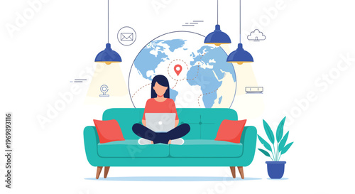Freelance woman working on her laptop while sitting on a sofa with global communication and location icons in background.
