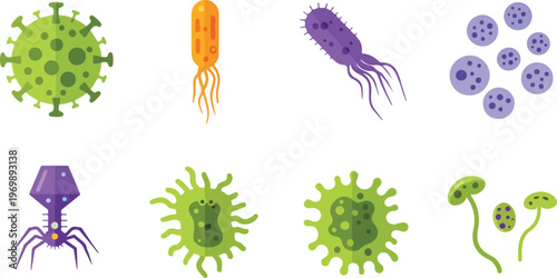Microbiology virus and bacteria cells icons collection for medical research science education and healthcare laboratory.