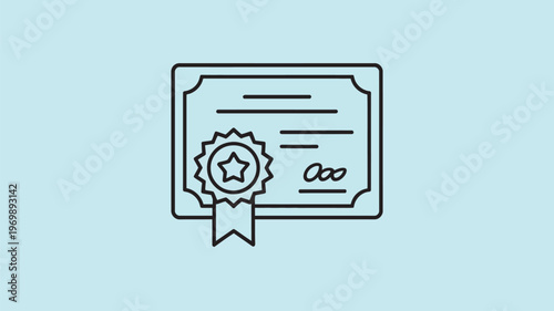 A simple line drawing of a certificate with a star and ribbon on a light green background
