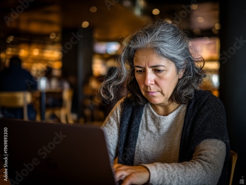 Confident Professional Woman Working on Laptop in Coffee Shop with Warm Ambient Light