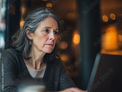 Confident Professional Woman Working on Laptop in Coffee Shop with Warm Ambient Light