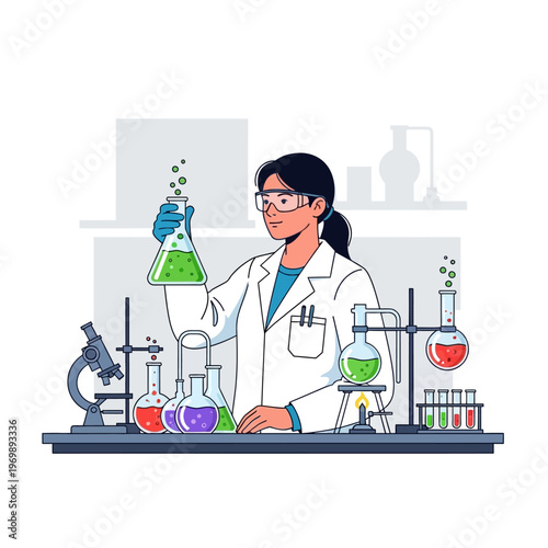 Scientist in Lab Coat Holding Flask with Green Liquid, Conducting Experiment