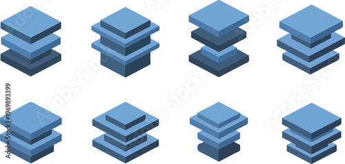 Set of eight blue isometric stacked square shapes abstract data and server storage concepts.