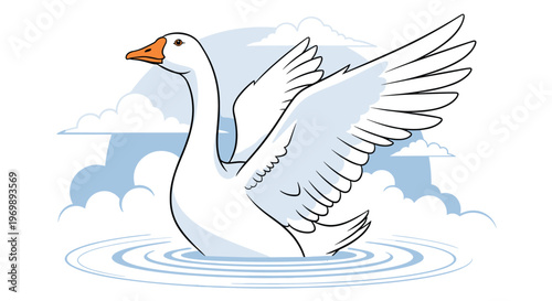 Beautiful white swan floating on the water surface and gracefully flapping its large wings with clouds in the sky.