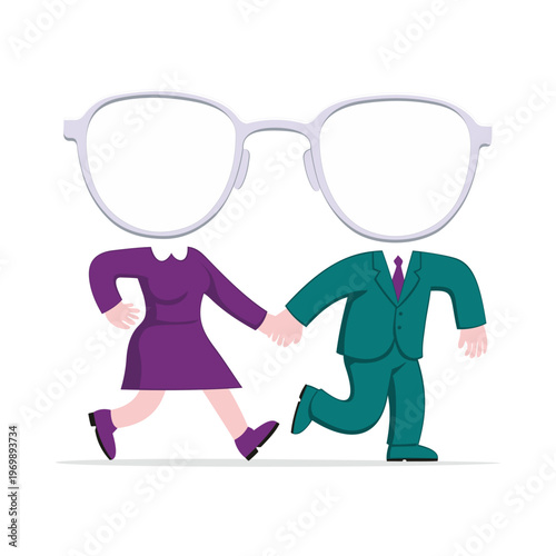 A cartoon couple running together holding hands has glasses instead of heads.