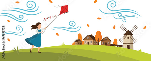 Woman flying a kite in autumn landscape with houses, windmill and falling leaves.