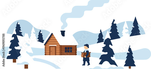 Winter landscape with wooden cabin and pine trees vector illustration man carrying firewood snow covered hills.