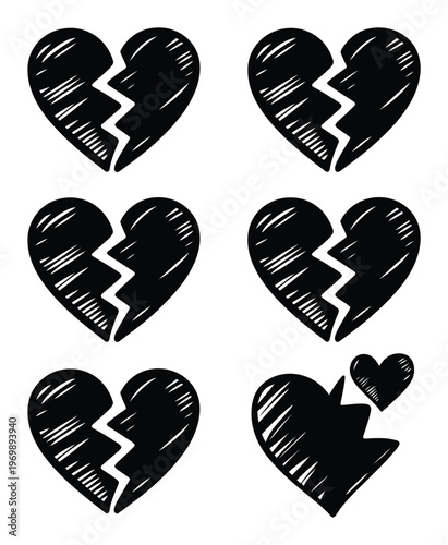 Six Hand-Drawn Black Broken Hearts on a White Background