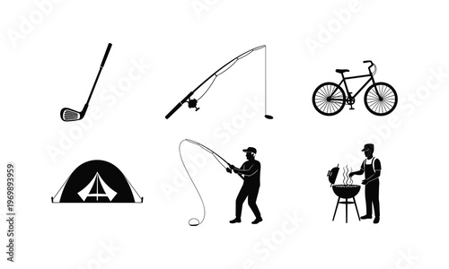 Golf club fishing rod bicycle tent fisherman barbecue collection vector silhouette illustration.