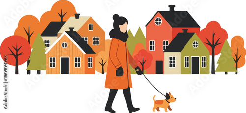 Woman walking dog in autumn park with colorful trees and houses, seasonal outdoor scene.