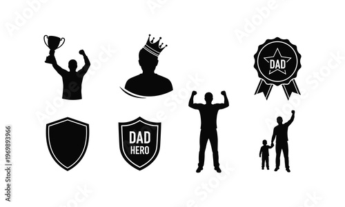 Fathers day celebration award badge and strong dad silhouette illustration vector set art.