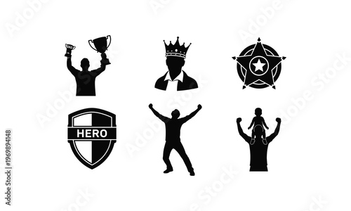 Set of father and hero related symbols, a silhouette vector illustration of concepts.