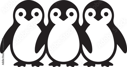Three adorable little penguins stand side by side on a clean white surface