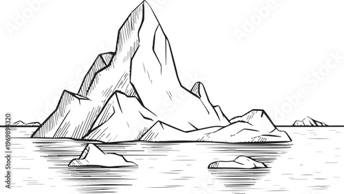 A towering iceberg floats majestically in the cold water with smaller ice pieces surrounding it