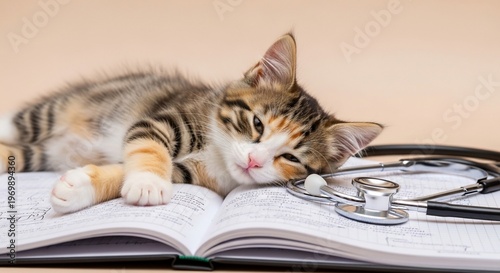 Cute tabby kitten resting on an open book next to a stethoscope, symbolizing veterinary medicine and animal care.