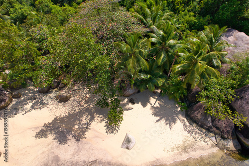 Bird eye drone of cap ternay beach, white sands, granites rocks and forest, Mahe, Seychelles
