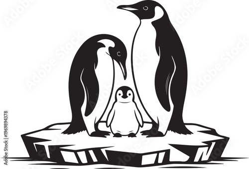 A family of emperor penguins with a small chick standing together on a floating block of ice