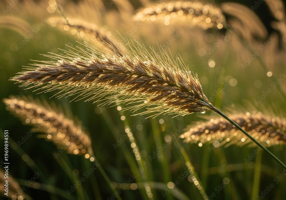 Fototapeta premium Golden grass seed heads with dew drops sparkling in the morning sun