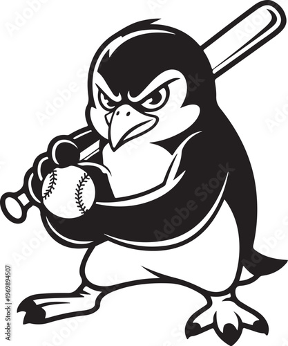 An angry cartoon penguin holding a baseball bat and ball ready to hit a home run