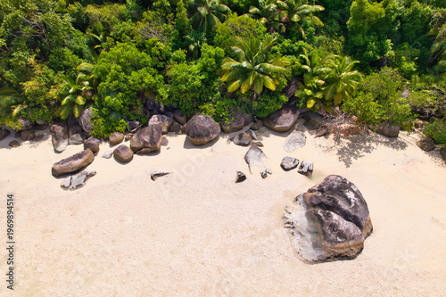Bird eye drone of cap ternay beach, white sands, granites rocks and forest, Mahe, Seychelles