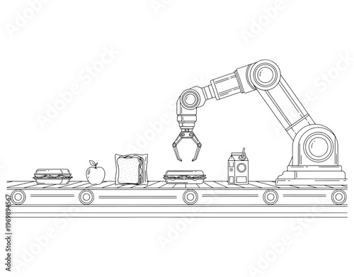 Industrial robotic arm picking up fresh food and lunch boxes on a conveyor belt in a smart automated kitchen or factory line, futuristic food production concept line art.