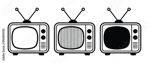 Three vintage televisions with antennas, one blank screen, one with vertical lines, one black screen