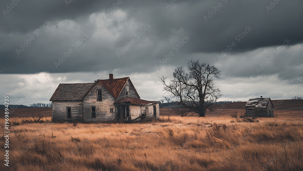 Fototapeta premium Gloomy landscape of an abandoned farm
