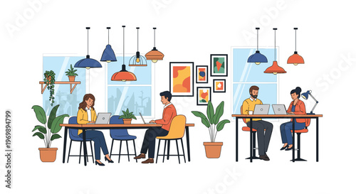 Modern coworking office space with diverse people working on laptops at tables with plants and stylish lighting.