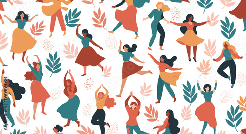 Artistic seamless pattern featuring diverse women dancing in long skirts surrounded by decorative leaves and dots.