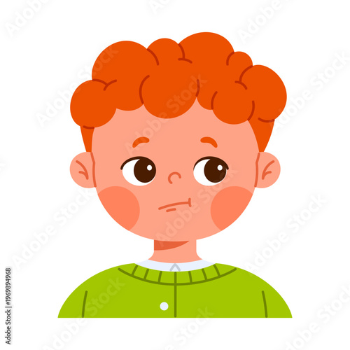 Сute redhead boy character showing uncertainty, hesitation or thinking mood. Emotional facial expression. Kid apps and emotions education concept. Isolated vector illustration in cartoon style