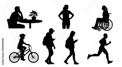 Diverse Community Silhouettes: A Vector Illustration of Modern Life, Featuring Individuals in Various Activities and Settings for Social Commentary and Design Projects
