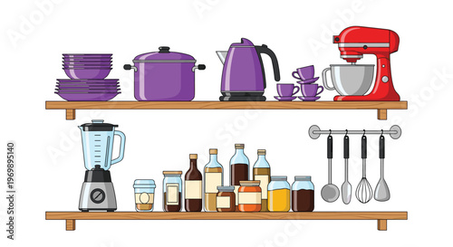 Kitchen storage shelves organized with a red stand mixer, purple kettle and pot, blender, and various glass jars.