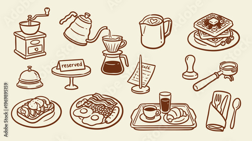 Coffee Brewing and Breakfast Food Icons with Vintage Style