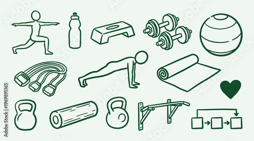 Fitness Equipment Collection Line Art