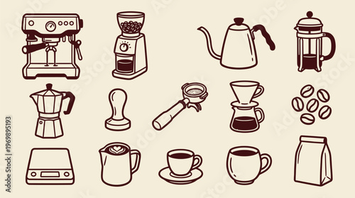 Coffee Making Equipment Collection Isolated on Beige Background