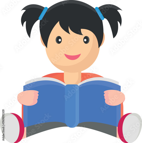 A vector graphic of a girl focused on a book, showcasing her interest in reading against a lively backdrop.