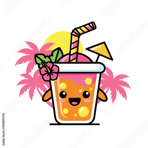 Cute Hawaiian Cocktail with Tropical Palm Trees and a Bright Yellow Sun, Perfect for Summer Vacation Designs