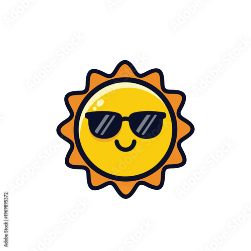 Smiling Cartoon Sun Wearing Cool Sunglasses - A Cheerful Summer Icon with a Happy Face Representing Fun, Warm Weather, and Positive Vibes