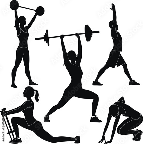 Fitness silhouettes showcasing a variety of exercises. Including weightlifting and stretching, the image conveys a sense of strength and health