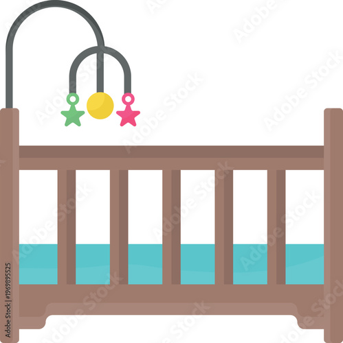 A crib with a soft baby bed and colorful toys arranged around it, creating a cozy nursery environment.