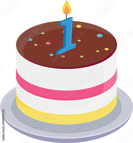 Vector illustration of a birthday cake topped with a single candle, decorated with colorful frosting and sprinkles.